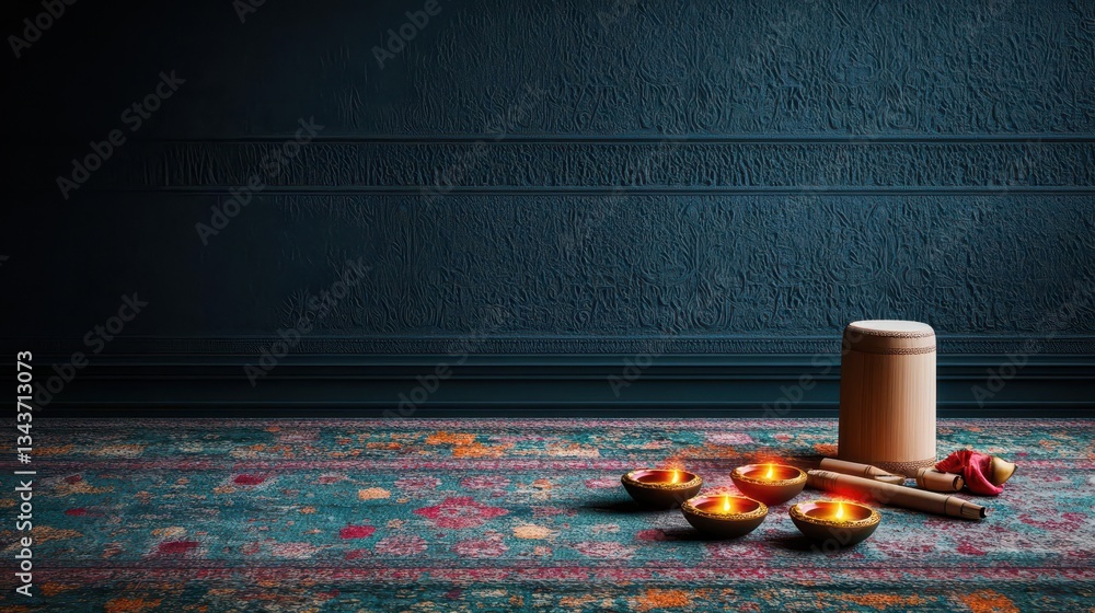 Aufkleber a warm and inviting scene featuring three flickering candles on a cozy rug surrounded by soft textil