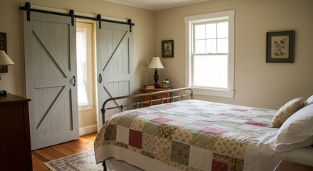 Cozy Bedroom Interior with Patchwork Quilt and Barn Style Doors