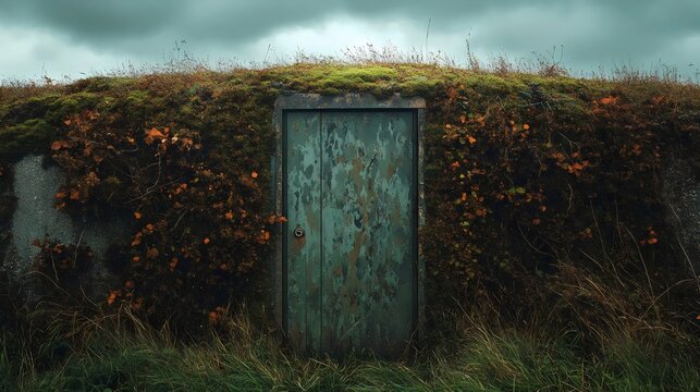 A green door is in front of a wall covered in moss and leaves - Powered by Adobe