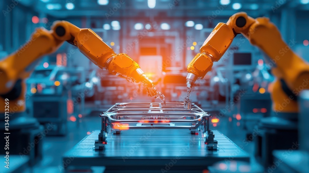 Poster innovative robots efficiently assembling products on a conveyor belt in a modern factory setting sho