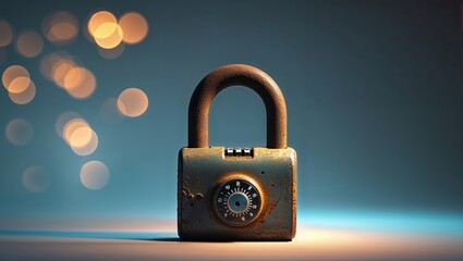 Rusty padlock with combination dial resting on a blue surface against a bokeh light background for a vintage look
