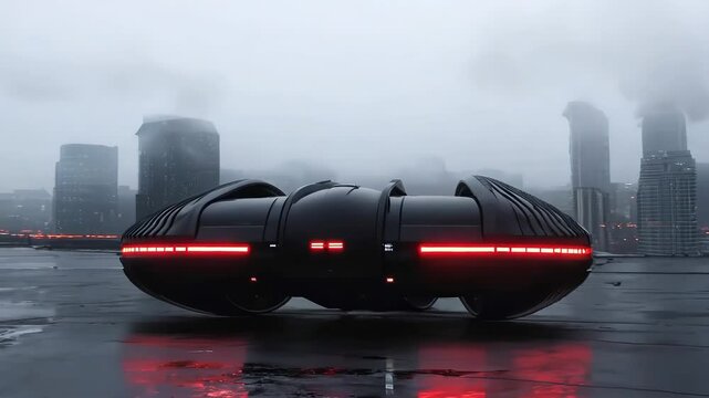A sleek, black hovercraft hovers above a reflective surface in a bustling city, blending into the foggy dawn. Neon lights illuminate its contours, evoking a sense of advanced technology.