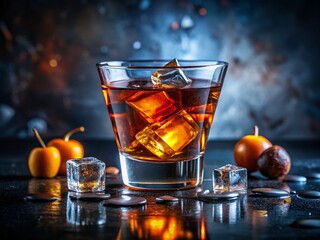 Aromatic Scotch Whisky Cocktail with Smoked Ice, Close-up