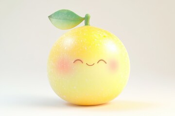 A cute, smiling, yellow lemon with a single green leaf, 3D rendered.