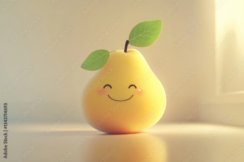 Poster a cheerful, sparkly pear with a smiling face sits on a surface, bathed in soft sunlight.
