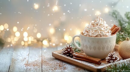 Cozy Winter Cocoa: A steaming mug of rich cocoa, generously topped with whipped cream and cinnamon sticks, sits invitingly on a wooden tray with festive decorations, evoking warmth and comfort.