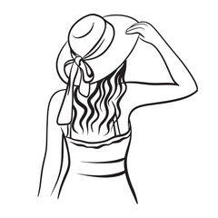 Vector illustration concept tourism, vacation. Beautiful woman on vacation in a hat, black and white, colorless silhouette. Woman in a white dress in the tropics, back view illustration