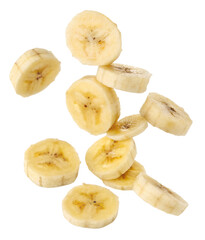 Floating banana slices isolated on transparent background