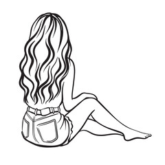 Beautiful young tanned girl in denim shorts on the beach back view. Vector black and white summer vacation illustration