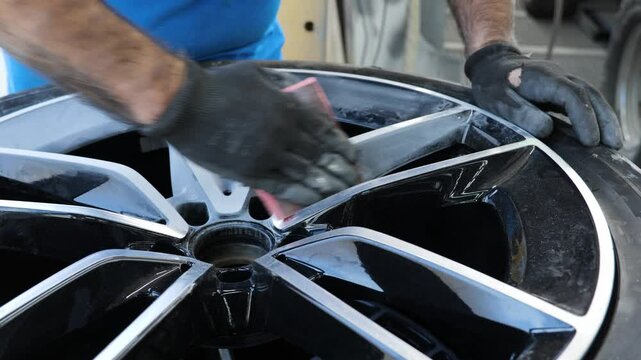 Refurbishing car wheel, hand working on rim with tools, close-up of automotive wheel restoration process, detail, and automotive repair