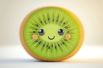 A cute cartoon kiwi fruit slice with a smiling face.
