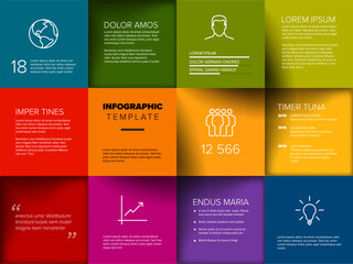 A vibrant infographic template with colorful blocks showcasing graphs, icons, and text. Each block displays different information, combining visuals and text elements creatively.