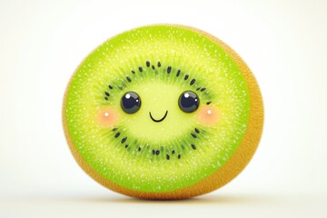 A cute cartoon kiwi fruit slice with a smiling face, vibrant green flesh, and fuzzy brown skin.