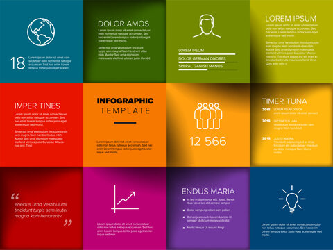 A vibrant infographic template with colorful blocks showcasing graphs, icons, and text. Each block displays different information, combining visuals and text elements creatively.