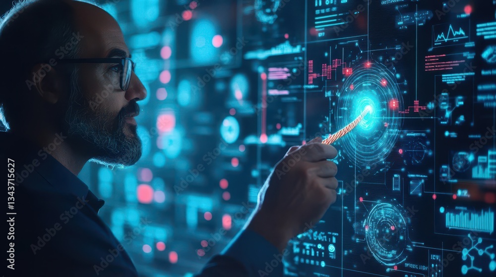 Poster professional man in tailored suit engaged with innovative digital interface displaying data and tech