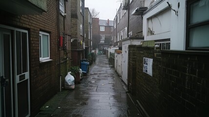 Rainy Alleyway:  Gloomy Urban Scene with Brick Buildings and Wet Pavement