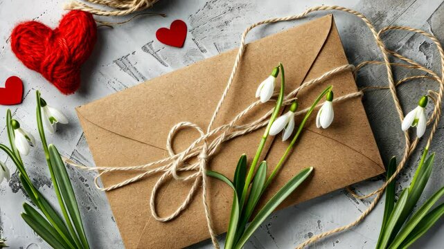 Delightful setup features a rustic envelope tied with twine alongside fresh snowdrops and heart decorations to inspire gift giving