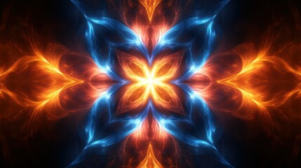 Abstract symmetrical floral design with fiery orange and icy blue patterns