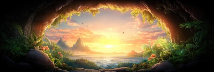 Obraz premium Cave dwelling carved into rock face surrounded by lush greenery and vibrant wildlife at sunset