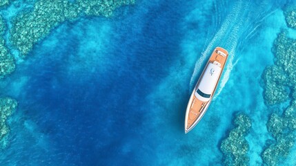 Aerial view of a luxury yacht cruising through vibrant turquoise water, surrounded by coral reefs. The yacht is wooden with a white top, leaving a gentle wake.
