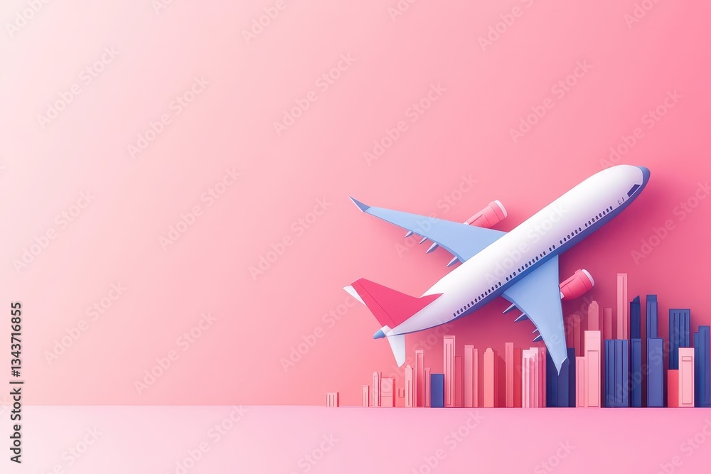 Poster aerial view of a modern cityscape with skyscrapers and urban architecture as a plane soars above cre
