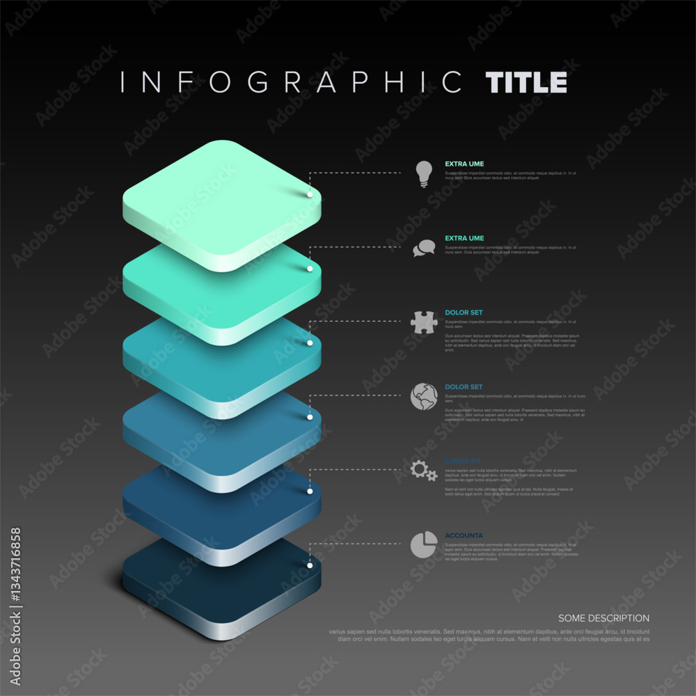 Poster a visually appealing 3d layered infographic with six blue gradient blocks connected to text descript