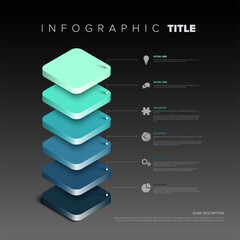 A visually appealing 3D layered infographic with six blue gradient blocks connected to text descriptions. Clean, modern design perfect for presenting hierarchical or categorized data visually.