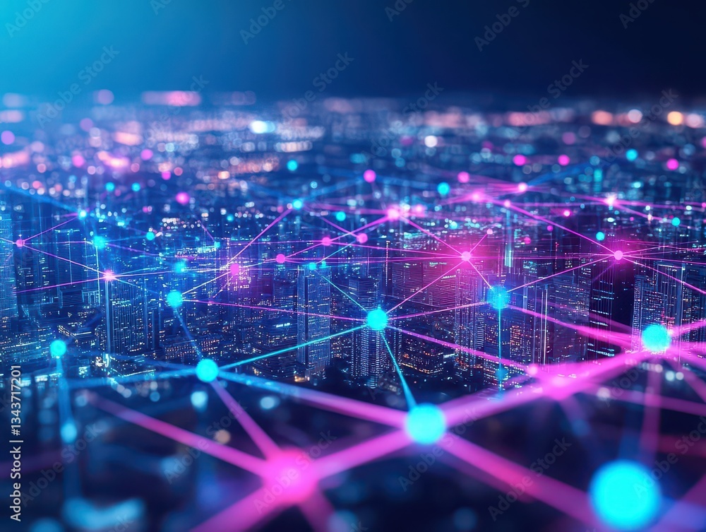 Poster vibrant cityscape at night illuminated by bright network lines and glowing lights creating a dynamic