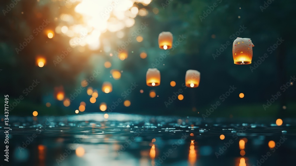 Poster enchanting night scene of colorful lanterns floating gracefully on tranquil water surface illuminate