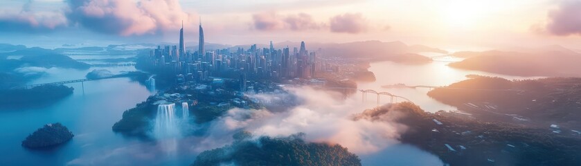 Fototapeta premium Mysterious City Emerging from the Misty Waters of a Foggy Lake Enveloped in Ethereal Atmosphere Creating an Enigmatic and Dreamlike Scene