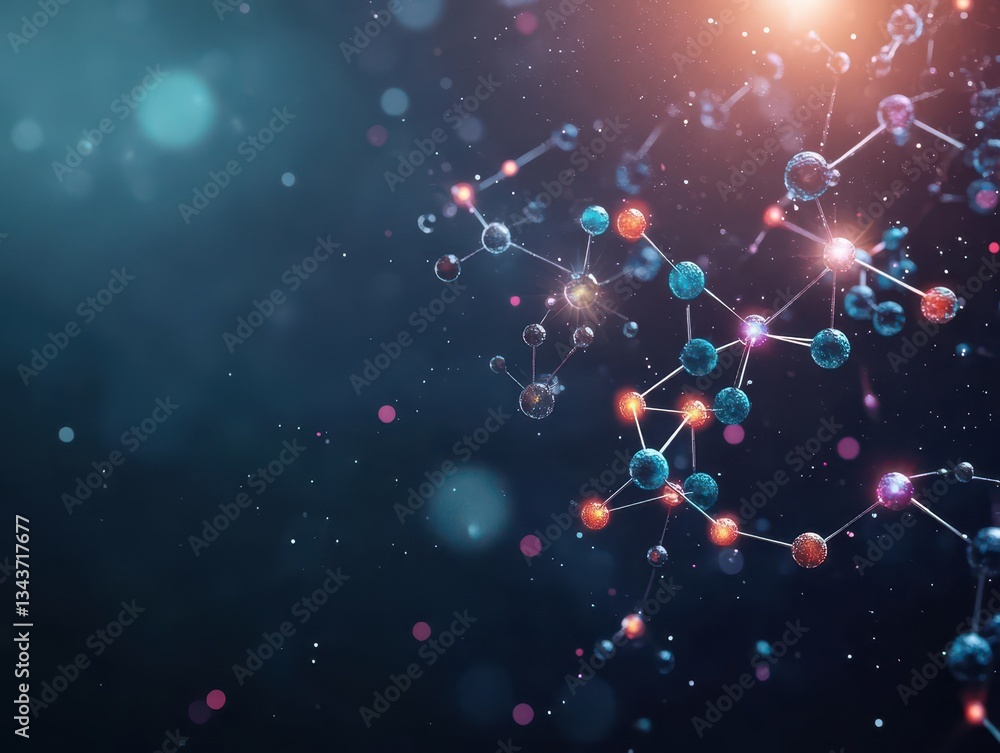 Poster intricate molecular structure with numerous molecules suspended in air creating a dynamic and scient
