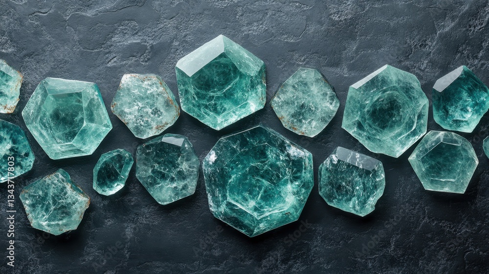 Poster floating glass pentagons in varying sizes of aquamarine, layered on a dark slate gray background wit