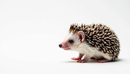 Tiny hedgehog curled, isolated on pure white background, animal, wildlife photography