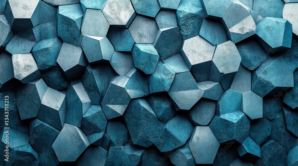 Poster an abstract, angular pattern of pentagons in slate gray and aquamarine, with different sizes and ove