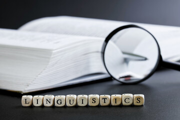 Letter blocks spelling “linguistics,” a magnifying glass, and an open book depict language...