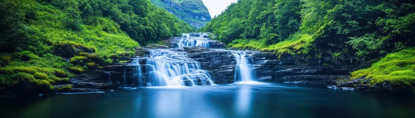 Fototapeta premium Majestic Waterfall Cascading Down Rocky Cliffs Surrounded by Lush Green Forest Creating a Tranquil and Picturesque Natural Retreat in Wilderness