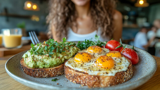 Breakfast plate features avocado toast topped with fresh herbs and eggs served in a cozy cafe during morning hours