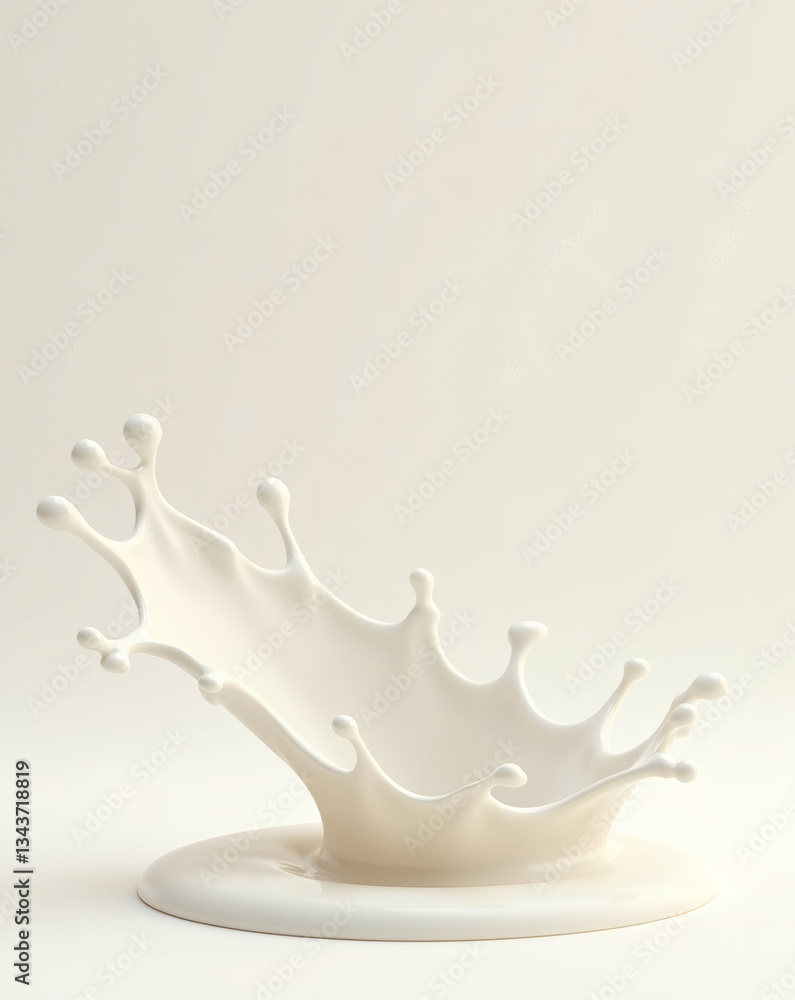 Poster a splash of milk with a dynamic, crown-like shape captured mid-air, creating an abstract and elegant form. The splash is in the foreground