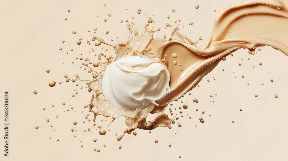 Poster creamy swirls of white and beige paint splash against a soft background, creating an artistic and dy