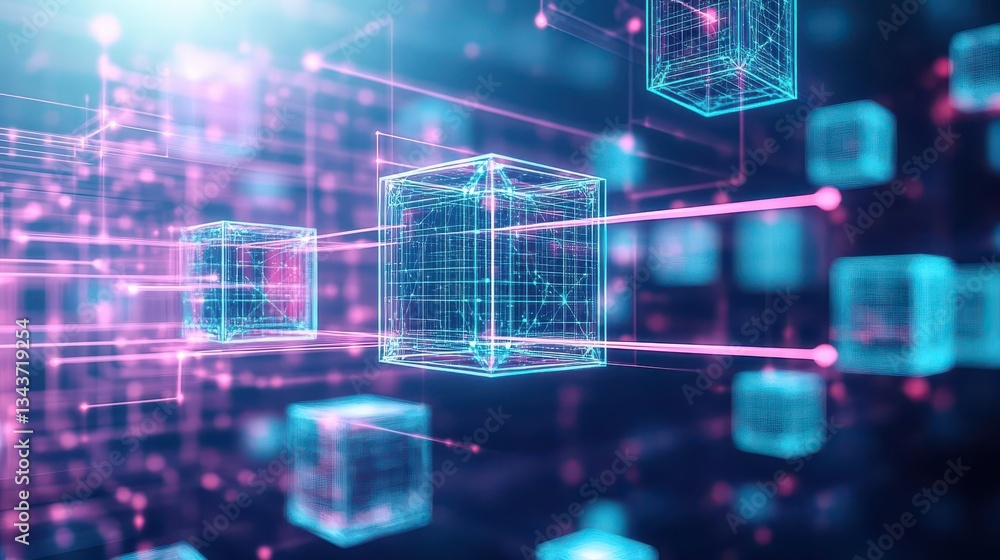 Poster vibrant blue and pink abstract background featuring dynamic cube patterns creating a modern artistic