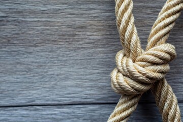 Fototapeta premium Textured Natural Rope Laying Gracefully on Weathered Wooden Surface Evoking a Rustic and Calm Atmosphere Ideal for Creative Decorative Use