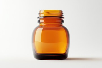 A clear amber glass bottle sits against a white background
