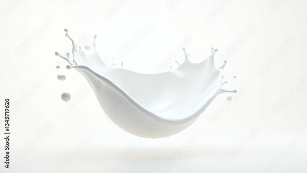Poster a dynamic splash of milk in the air, creating a sense of freshness and movement. The liquid forms an elegant, curving shape with droplets suspended around it.