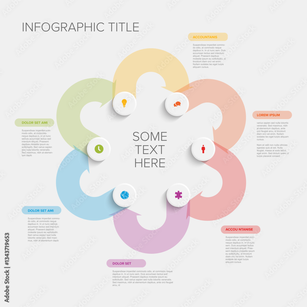 Aufkleber a vibrant circular infographic with six segments, each featuring an icon and descriptive text. the d