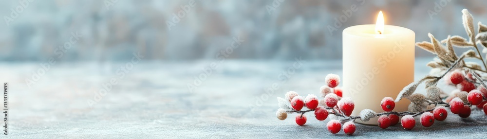 Poster aromatic candle glowing softly among fresh ripe berries creating a cozy inviting atmosphere on a rus