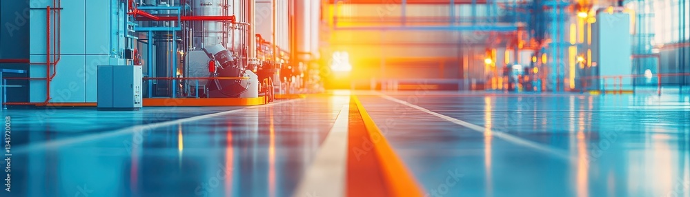 Poster industrial factory floor with machinery and equipment in action surrounded by an expansive productio