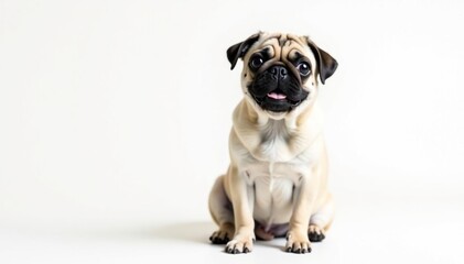 Obraz premium Adorable pug dog sits, isolated on white background, white background, breed, brown