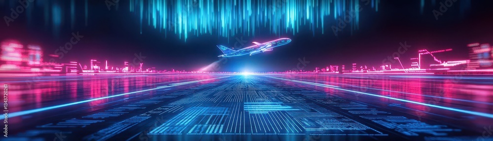 Poster futuristic cityscape bathed in neon lights with a sleek spaceship soaring overhead creating a vibran