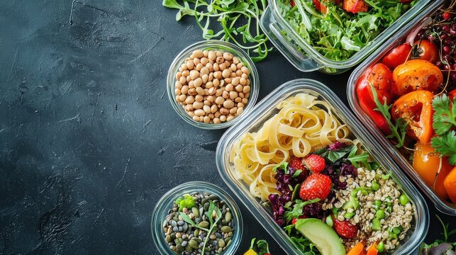 Vegan high dietary fibre and immune boosting health food with fruit, vegetables, whole wheat pasta, legumes, cereals, nuts and seeds with foods high in omega 3, antioxidants, anthocyanins, vitamins.