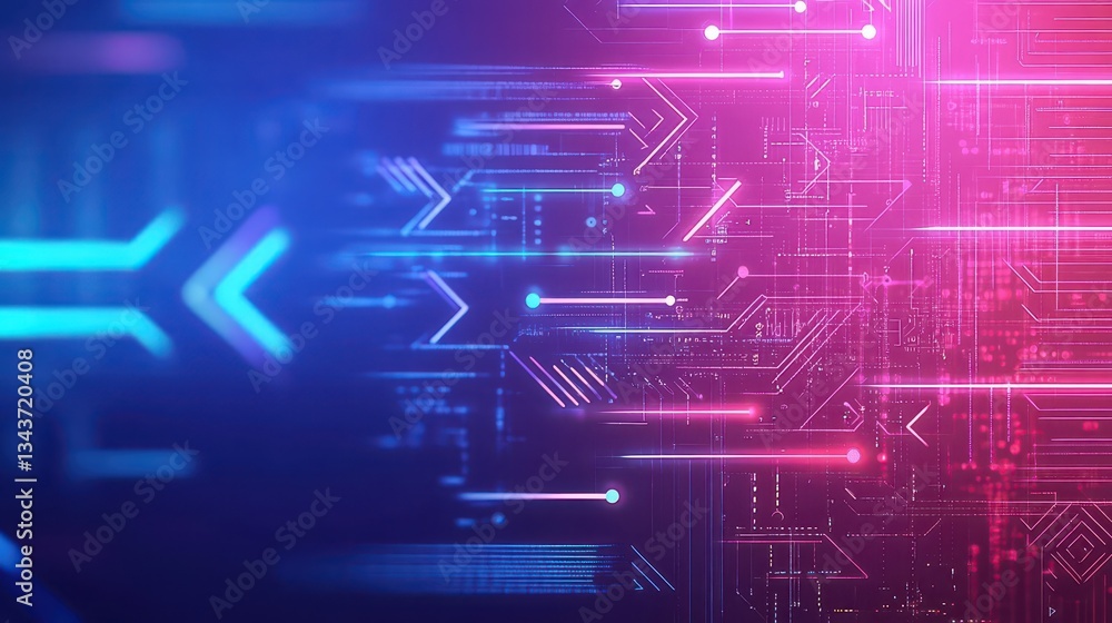 Poster vibrant computer circuit board illuminated by luminous neon lights creating a futuristic and technol